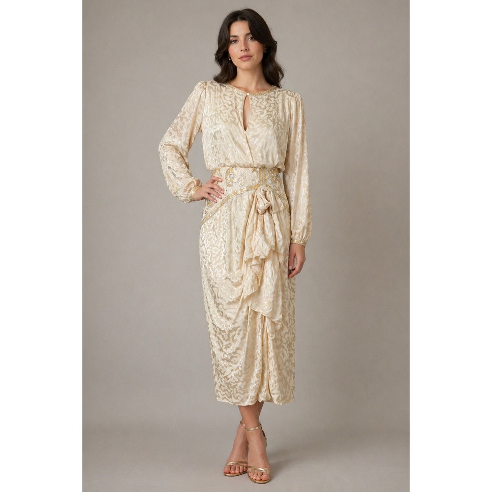 AJ Bari Silk Beaded‎ Dress Vintage Old Money Glam Mob Wife Cream Silk Women's 12